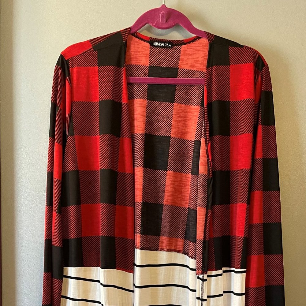 Red Plaid & Striped Cardigan